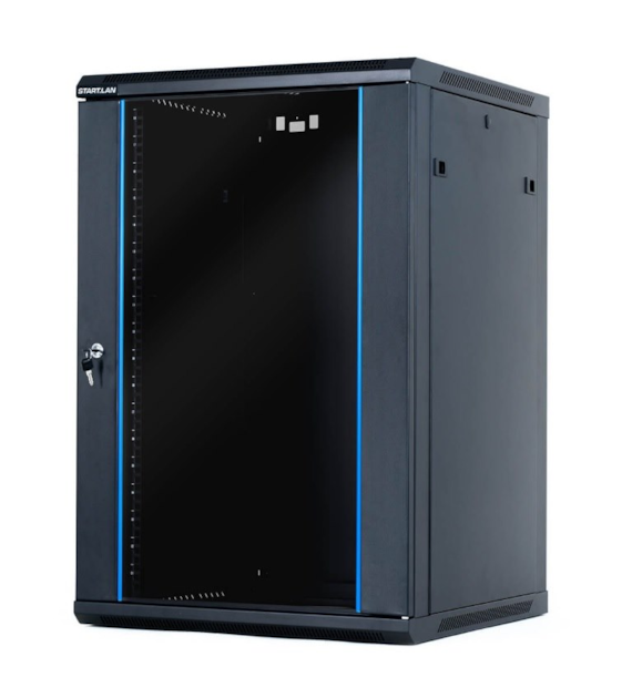 STARTLAN Szafa RACK 19` wisząco/stojąca z nóżkami 18U głębokość 600mm czarna drzwi szklane