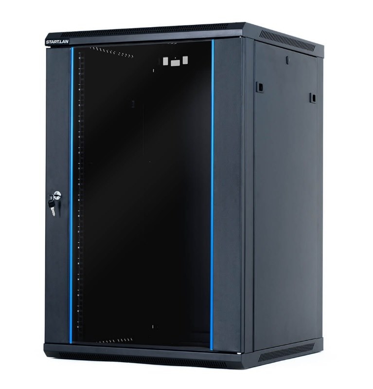 STARTLAN Szafa RACK 19` wisząco/stojąca z nóżkami 18U głębokość 600mm czarna drzwi szklane