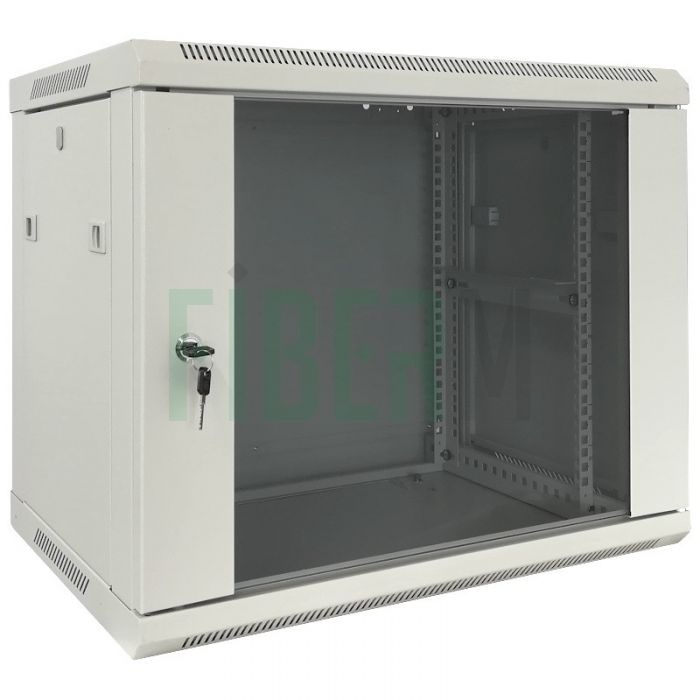 FIBERM Szafa RACK 19` wisząca 9U głębokość 600mm szara drzwi szklane