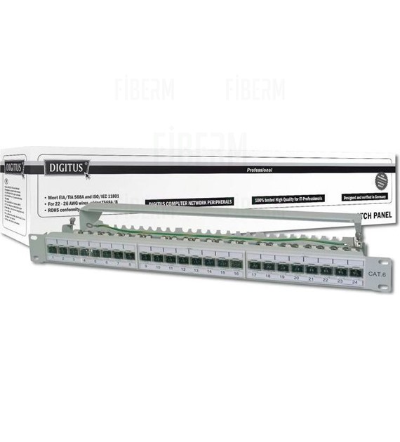 Panel de parcheo DIGITUS 24 x RJ45 CAT6 S/FTP con barra de soporte gris 1U DN-91624S