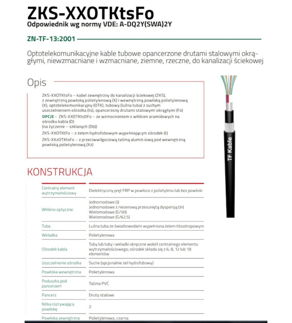 TELEFONIKA Kabel światłowodowy ZKS-XXOTKtsDFo 72J (6x12). tuba 2,4mm, średnica 14,4mm