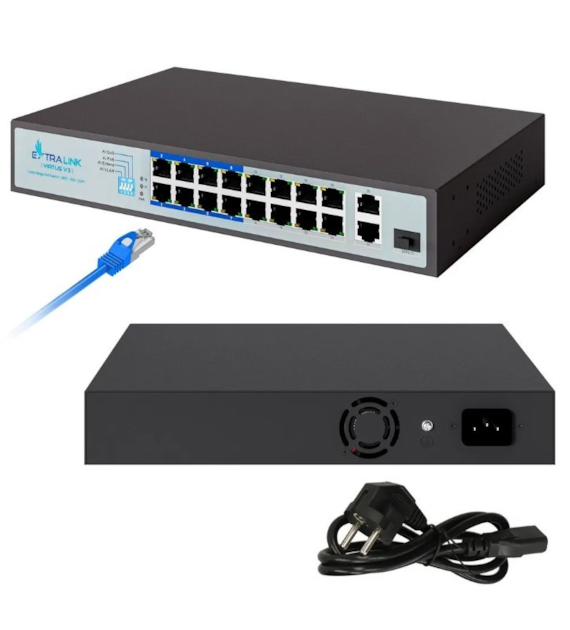 EXTRALINK VIRTUS V3 Switch PoE niezarządzalny, 16x FE PoE, 2x GE, 1x SFP, Power Supply 150W, RACK