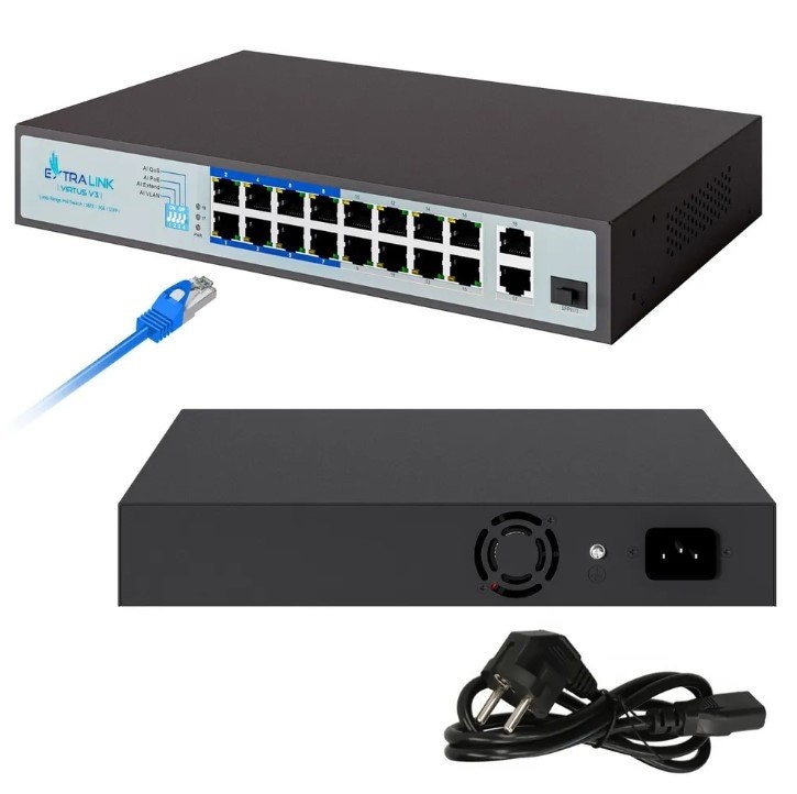 EXTRALINK VIRTUS V3 Switch PoE niezarządzalny, 16x FE PoE, 2x GE, 1x SFP, Power Supply 150W, RACK
