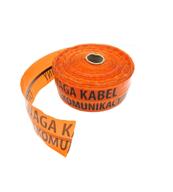 Taśma ostrzegawcza lokalizacyjna z wkładką metalową 100metrów 20cm(napis Uwaga Kabel Światłowodowy)