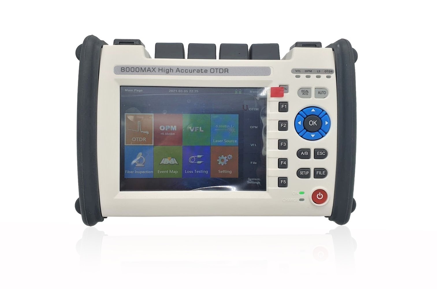 FirstFiber Reflektometr OTDR 8000MAX-Q1 do pomiarów na włóknach jednomodowych i wielomodowych (1310/1550/850/1300nm, 28/26/20/26 dB)